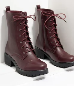Unique Vintage Boots>Wine Leatherette Lace Up Combat Boots