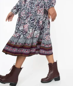 Unique Vintage Boots>Wine Leatherette Lace Up Combat Boots