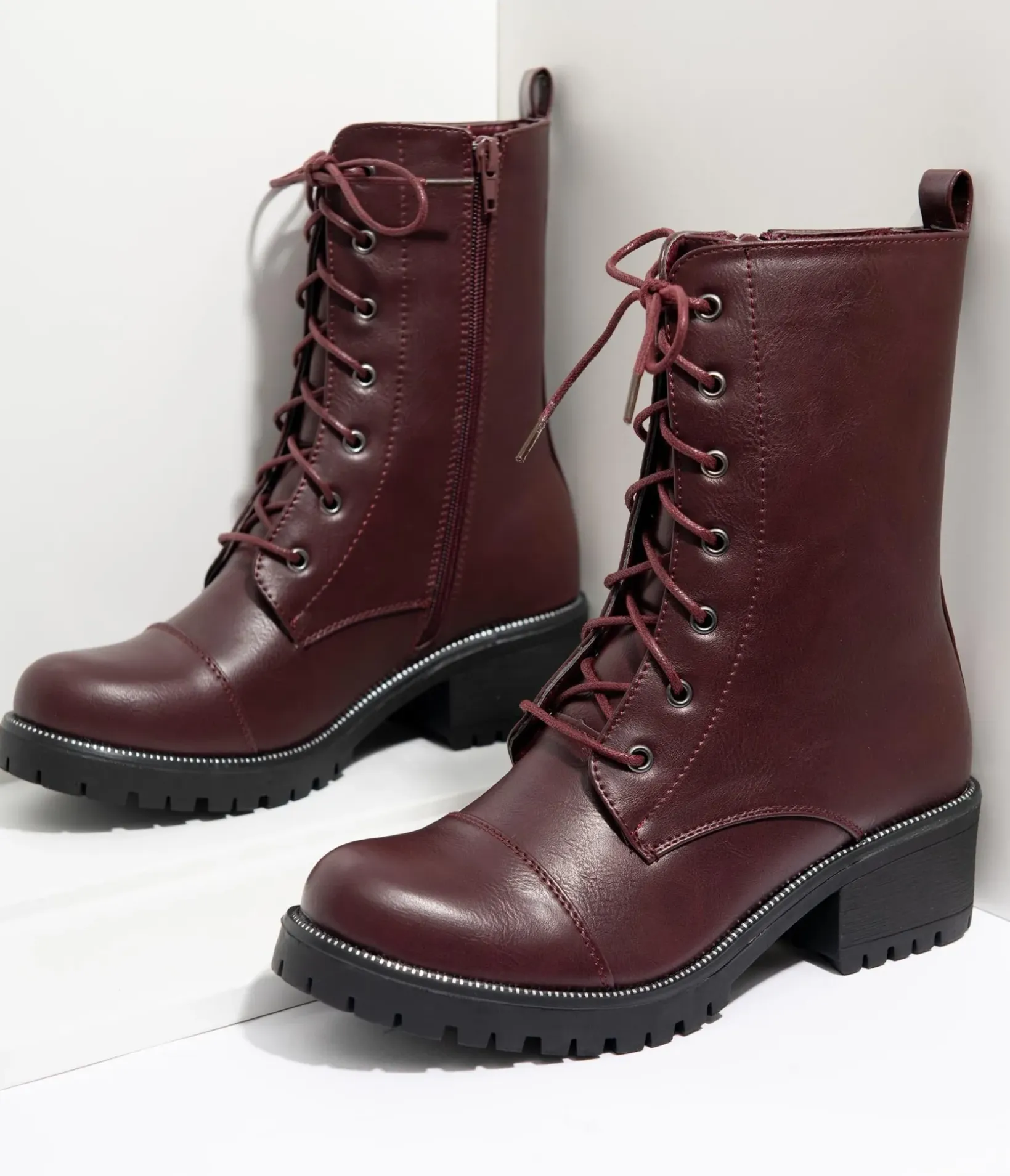 Unique Vintage Boots>Wine Leatherette Lace Up Combat Boots