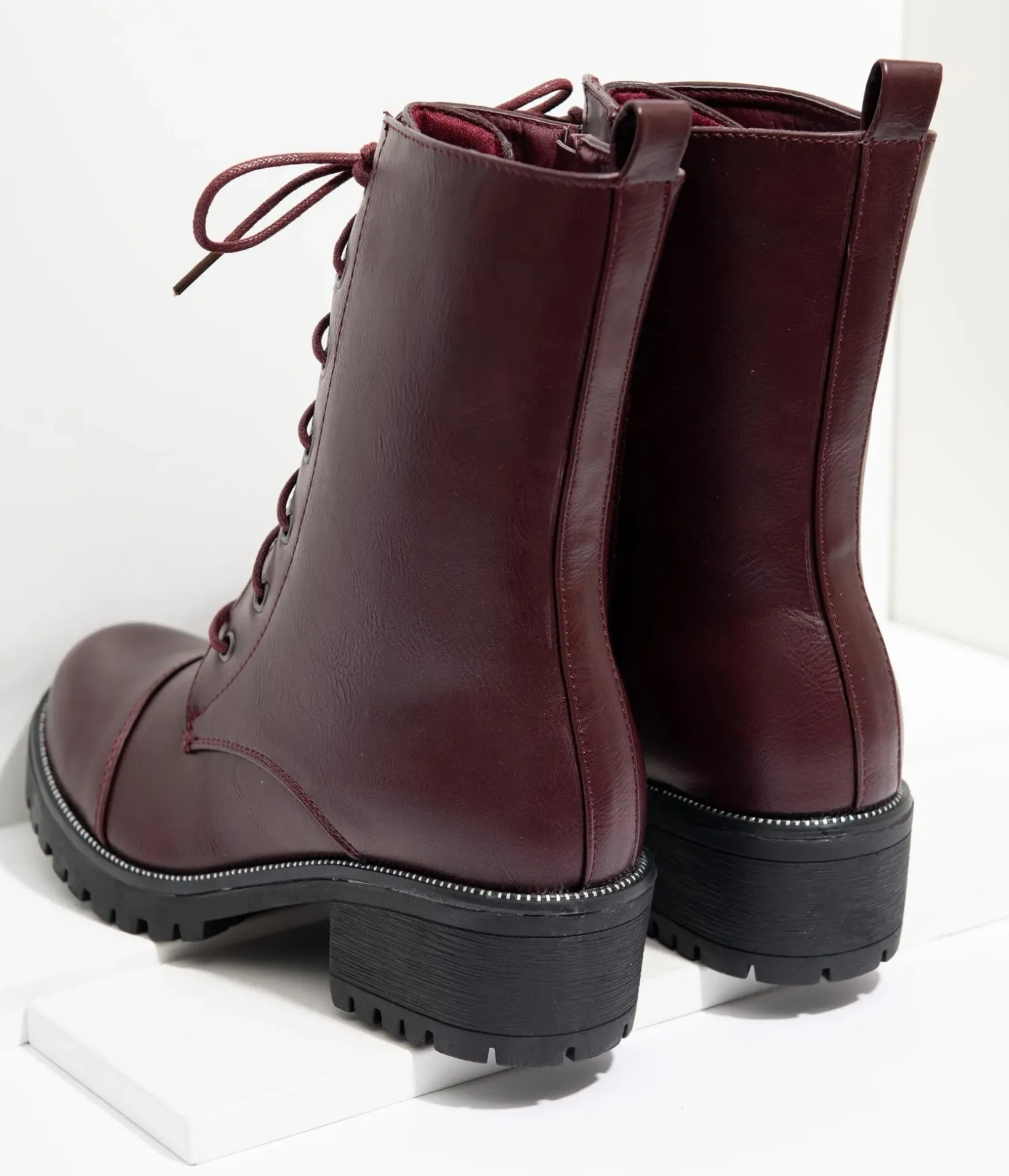 Unique Vintage Boots>Wine Leatherette Lace Up Combat Boots