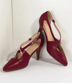 Unique Vintage Heels|All Things Red>Wine Red Leatherette Cross Strap Pointed Toe Pumps