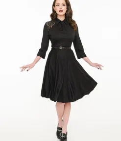 Unique Vintage Fit & Flare|Pocket Dresses>Witchwood Bags Black Lace Shelley Fit & Flare Dress