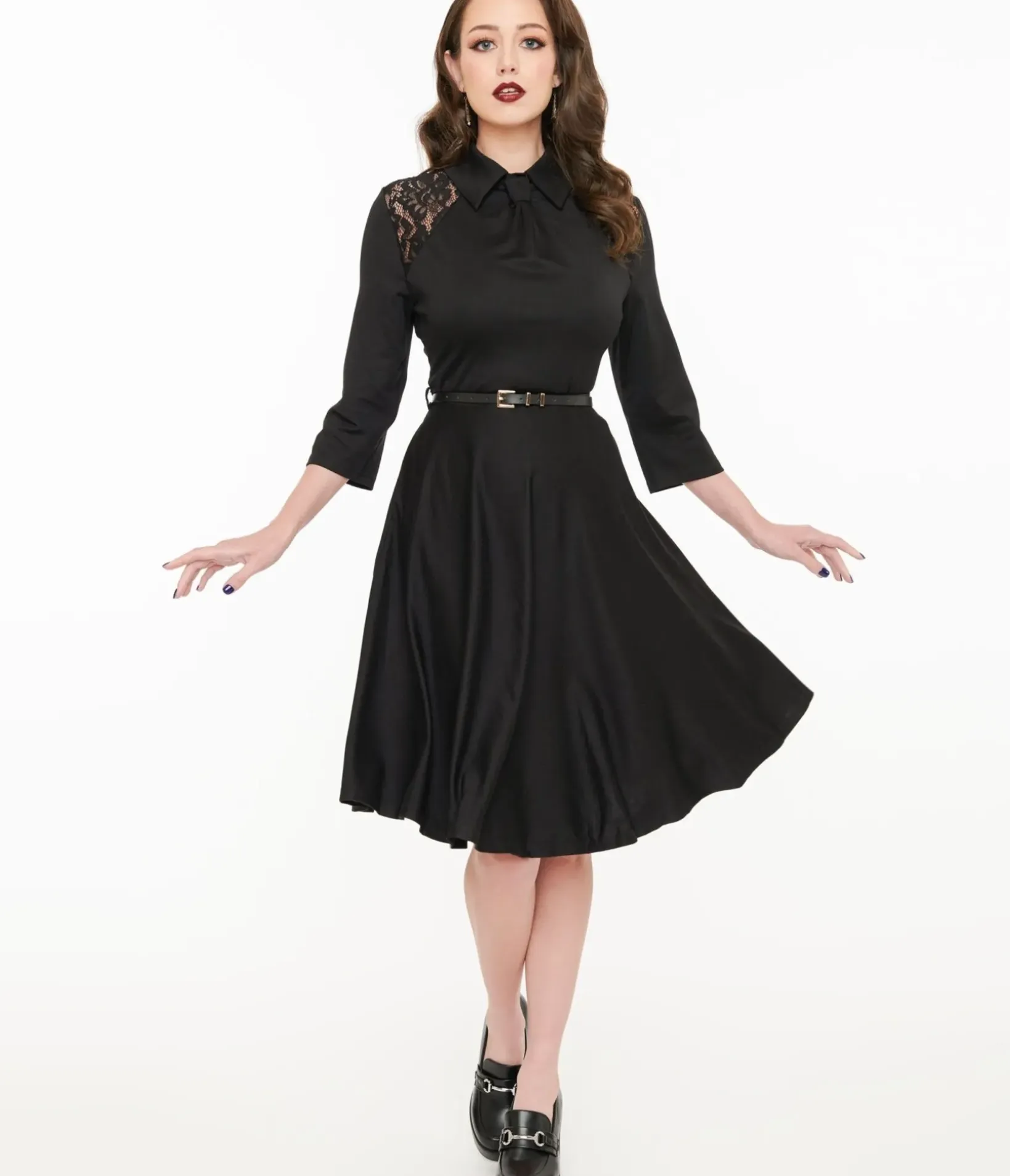 Unique Vintage Fit & Flare|Pocket Dresses>Witchwood Bags Black Lace Shelley Fit & Flare Dress