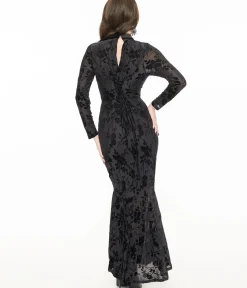 Unique Vintage Maxi|Midi & Maxi>Witchwood Bags Black Sheer Velvet Flocked Floral Ophelia Maxi Mermaid Dress