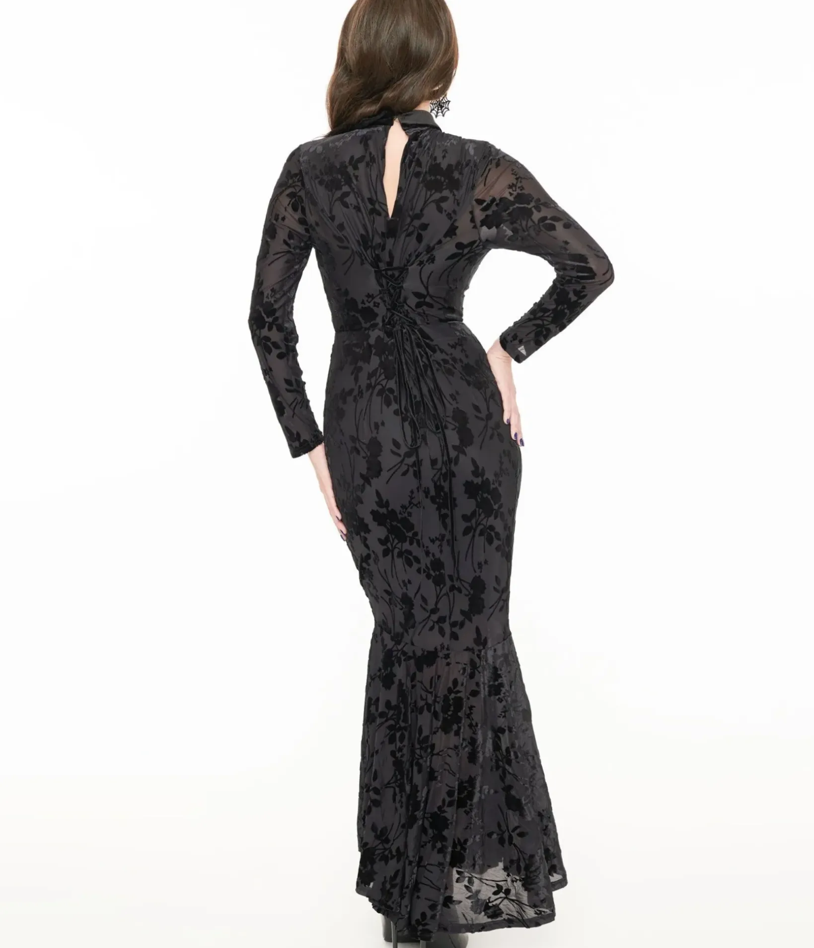 Unique Vintage Maxi|Midi & Maxi>Witchwood Bags Black Sheer Velvet Flocked Floral Ophelia Maxi Mermaid Dress