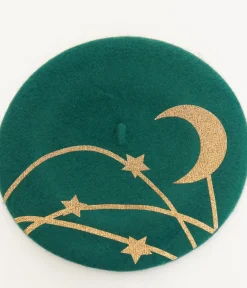 Unique Vintage Berets>Witchwood Bags Forest Green & Gold Moon & Stars Beret