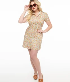 Unique Vintage Pocket Dresses>Yellow Floral Cotton Shirt Dress