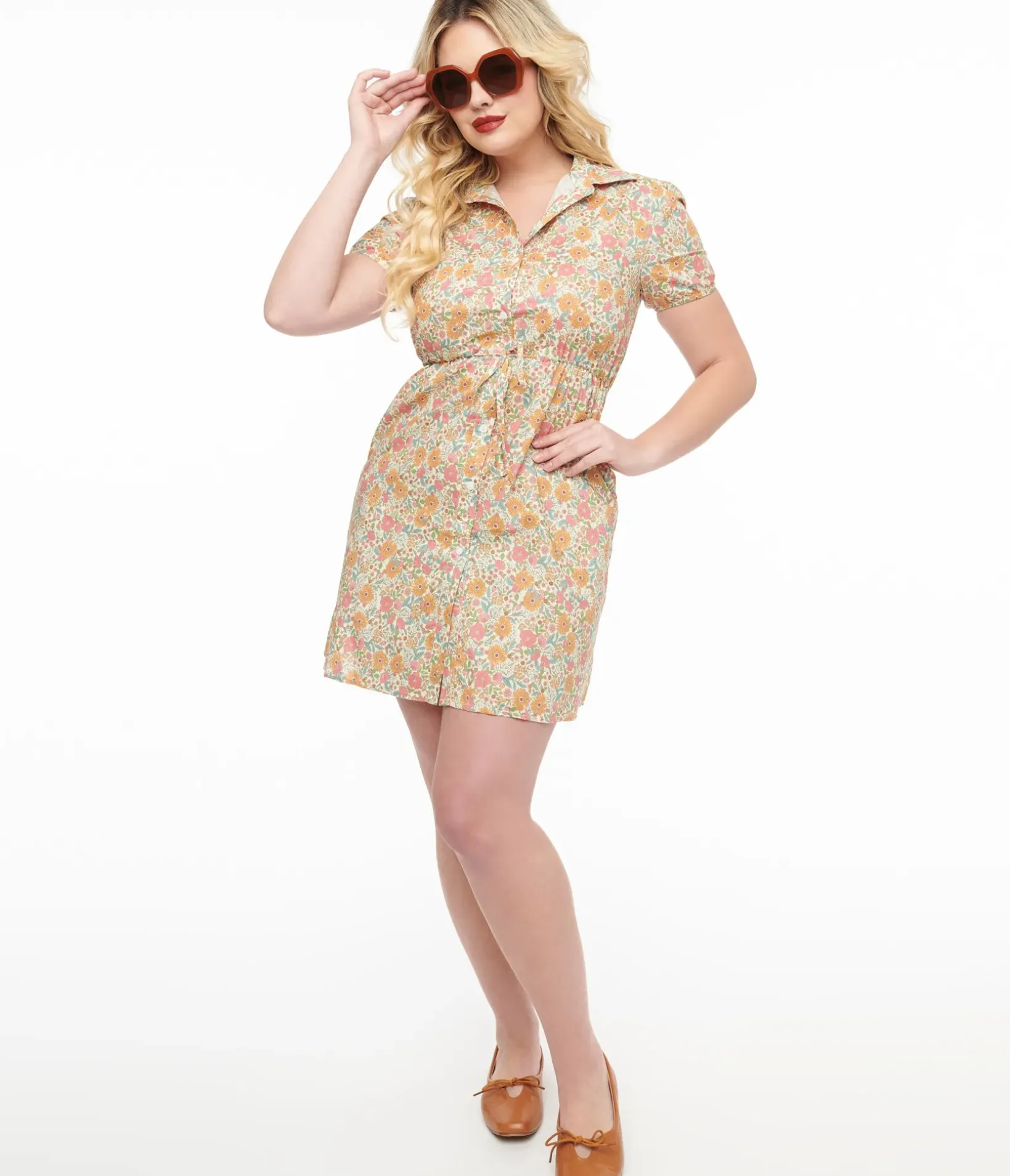 Unique Vintage Pocket Dresses>Yellow Floral Cotton Shirt Dress