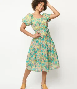 Unique Vintage Midi|Everyday Dresses>Yellow & Green Floral Tiered Midi Dress