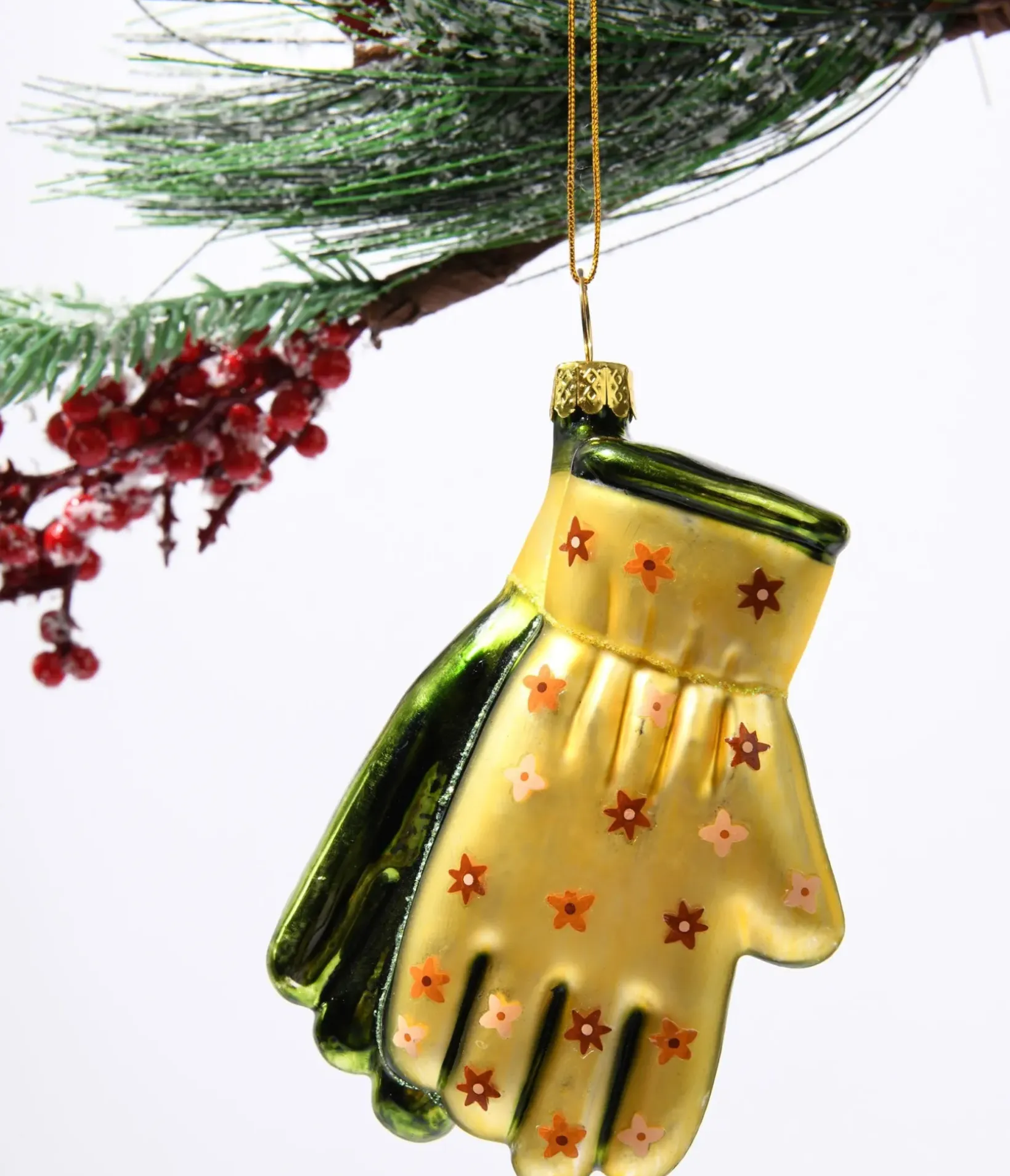 Unique Vintage Gifts For The Home|Gift Under $20>Yellow & Green Gardening Gloves Glass Ornament
