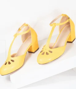 Unique Vintage Heels|T-Straps>Yellow Leatherette Minny T-Strap Heels