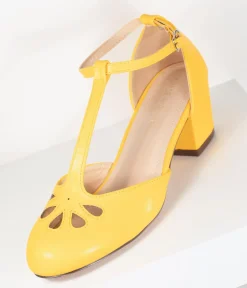 Unique Vintage Heels|T-Straps>Yellow Leatherette Minny T-Strap Heels