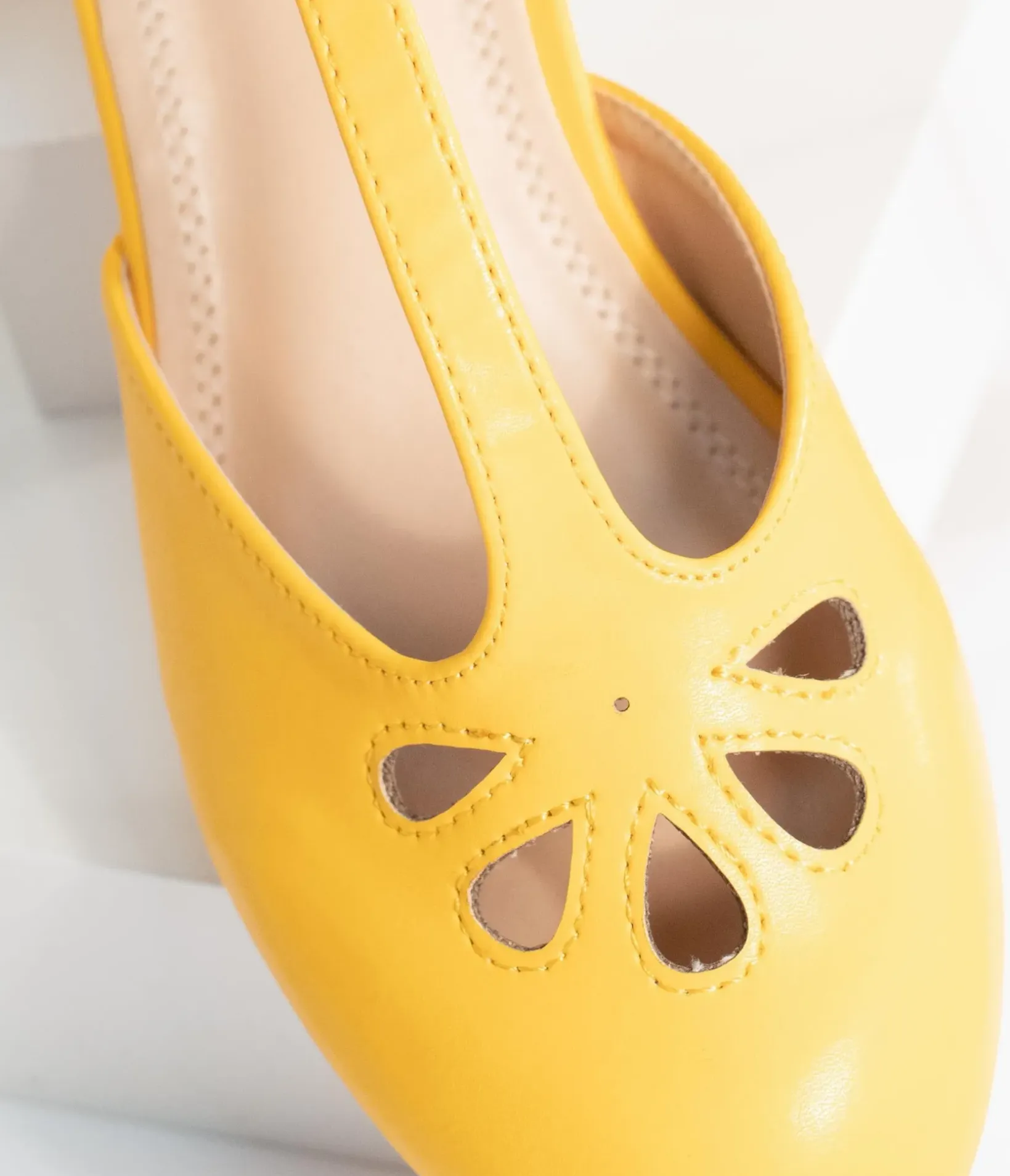 Unique Vintage Heels|T-Straps>Yellow Leatherette Minny T-Strap Heels