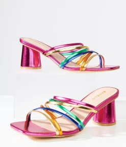 Unique Vintage Heels|Sandals>Y2K Rainbow & Pink Metallic Heel Sandals