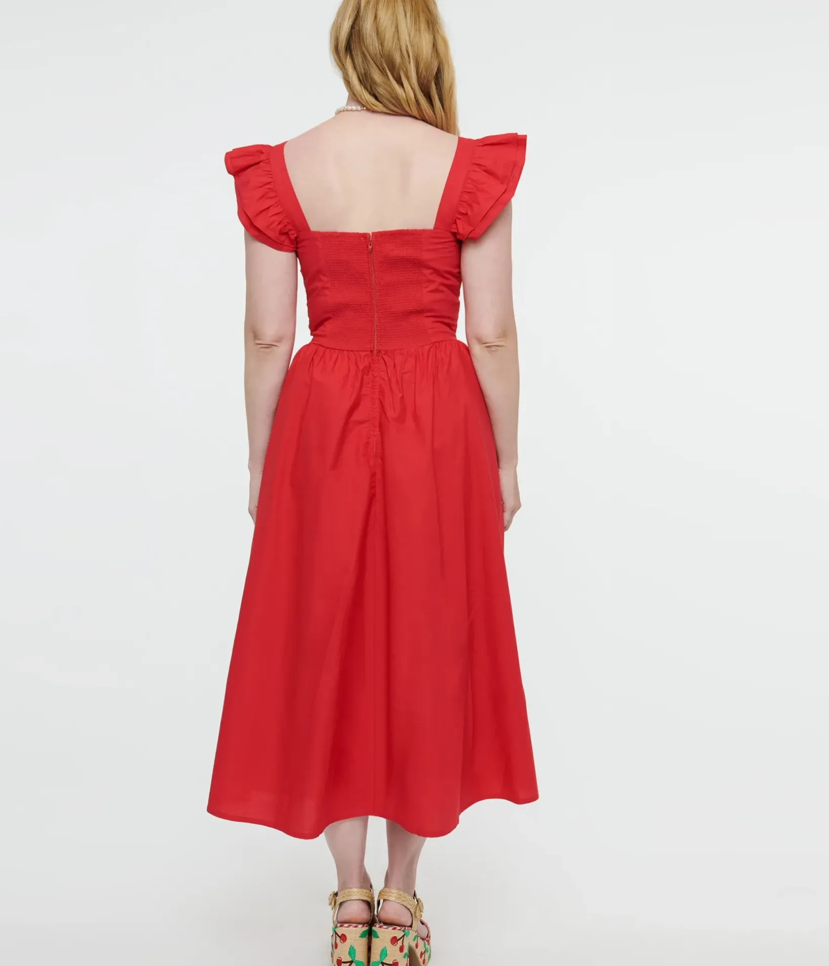 Unique Vintage Midi|Everyday Dresses>Y2K Red Flutter Sleeve Poplin Midi Dress