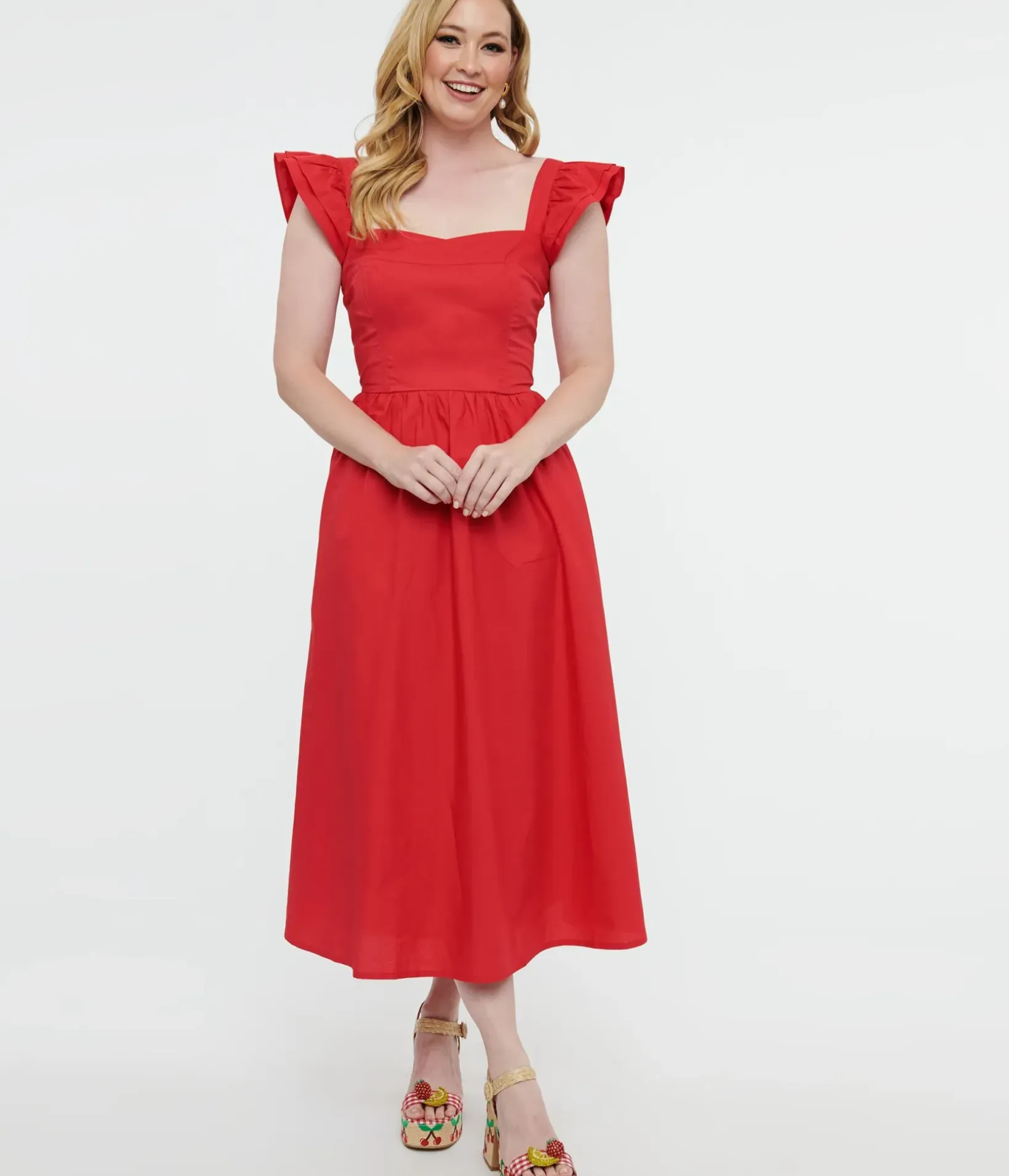 Unique Vintage Midi|Everyday Dresses>Y2K Red Flutter Sleeve Poplin Midi Dress